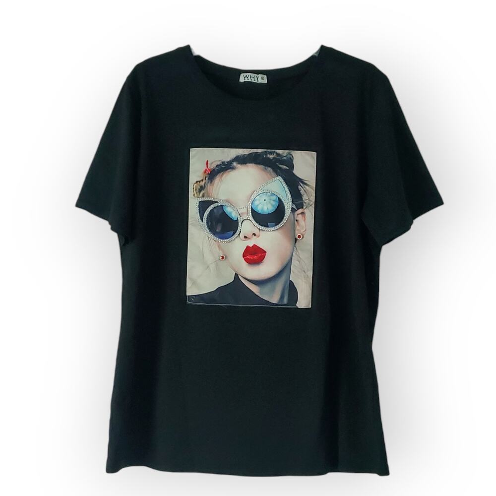 WHY Dress Sunglass Girl Black Short Sleeve T-Shirt XXL Novelty 3D Sparkle Glitz